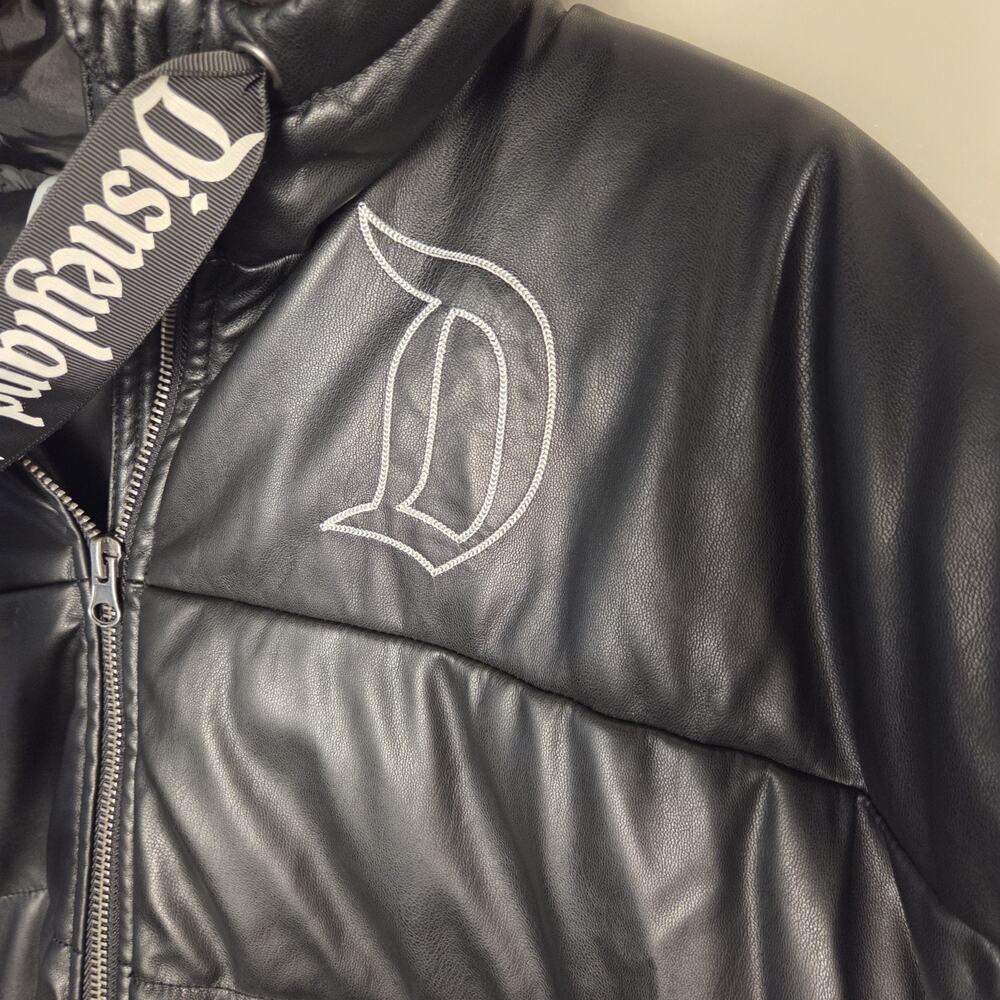 Disneyland Resort Black Faux Leather Puffer Jacket Hood Goth Font XL Unisex - Picture 3 of 13